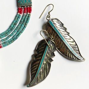 Tibetan Turquoise Inlay Feather Brass Earrings